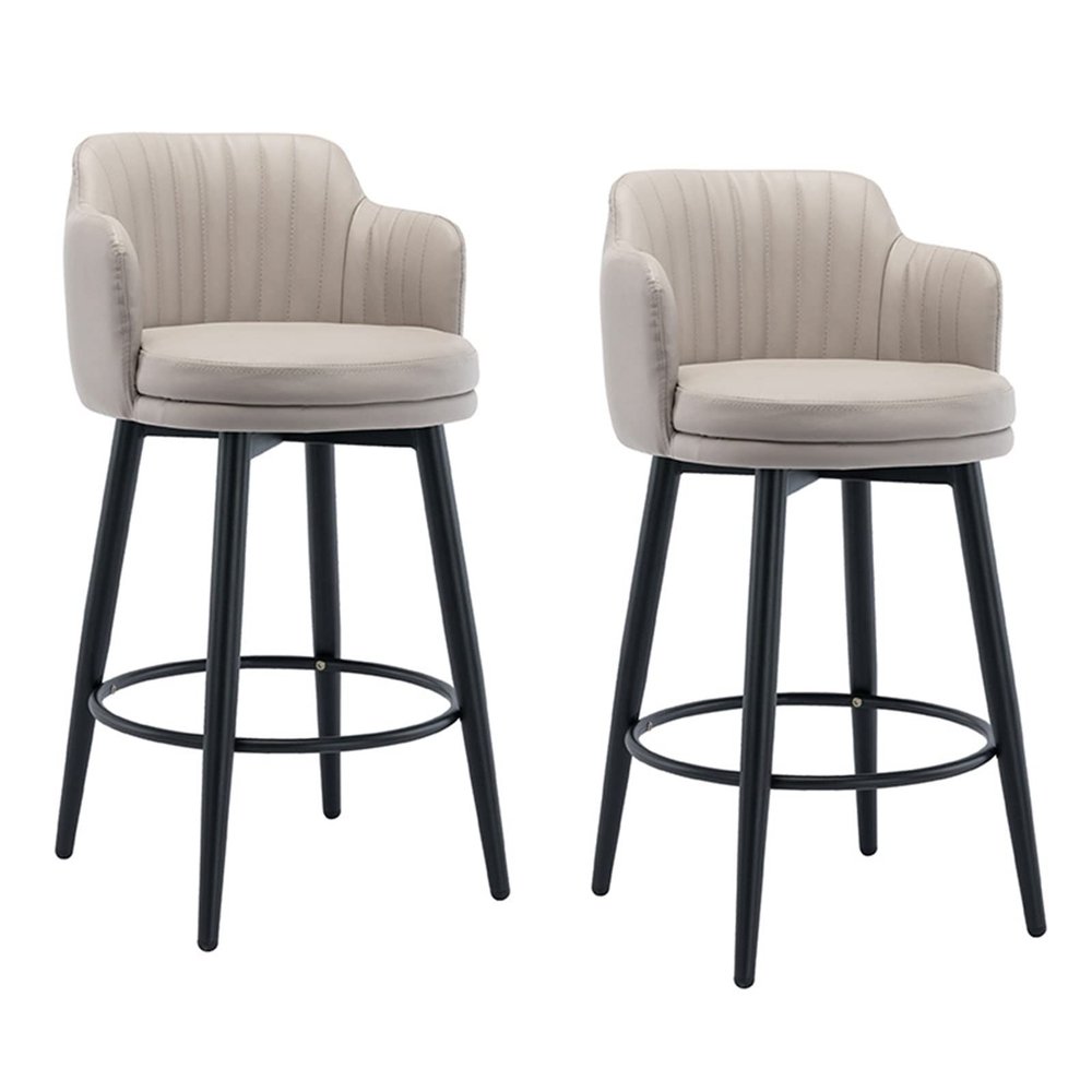 26" Round Kitchen Heigh Stool Swivel Barstools Chair Bar Set of 2 with Back Kitchen Island Bar Stools Counter Height, Nappa Leather Black Metal Legs Black Footrest for Pub Home Bars Dining Room