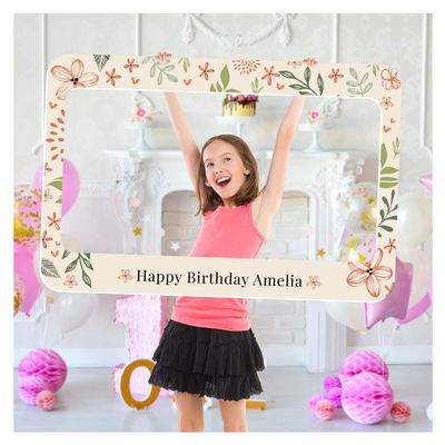 Personalized Happy Birthday Photo Booth Frame - Customized Botanical Theme Party Decor - Custom Flowers and Leaves Selfie Booth (PVC Frame)