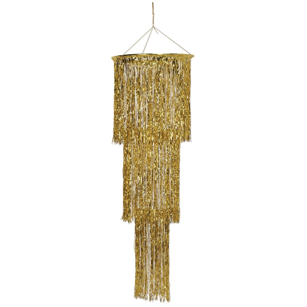 Beistle 3-Tier Shimmering Gold Chandelier Metallic Tinsel Fringe Hanging Decoration for Photo Booth Backdrops Elegant Events, Birthday Parties, Engagement Anniversary & Wedding Celebrations, 4 Ft