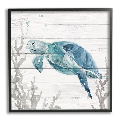 Stupell Industries Swimming Sea Turtle Coral Beach Plank Design Framed Wall Art, Design By Carol Robinson