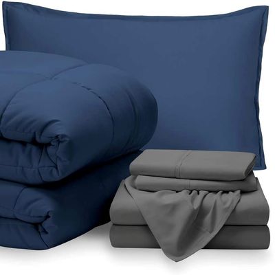 Soft & Cozy 5 Piece Deep Pocket Down Alternative Comforter Set | Twin Size Dark Blue Color | All Season Durable Box Stitched Aesthetic Grey Bedding | Plush Comfy Wrinkle Fade Resistant Bed-In-Bag Set