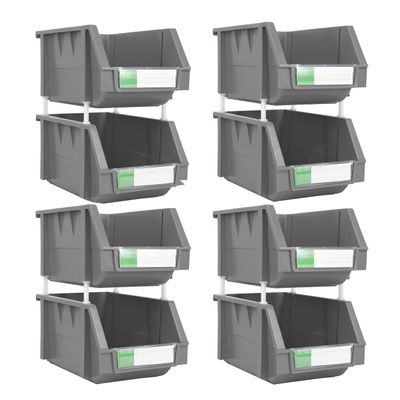 DJC Supply Grey Medium 5.9" X 9.4" X 4.9" Heavy duty thermoplastic storage bin organizer, Stackable, Hangable, Side-connect, Used in garages, offices, factories, and more! (8 PACK)