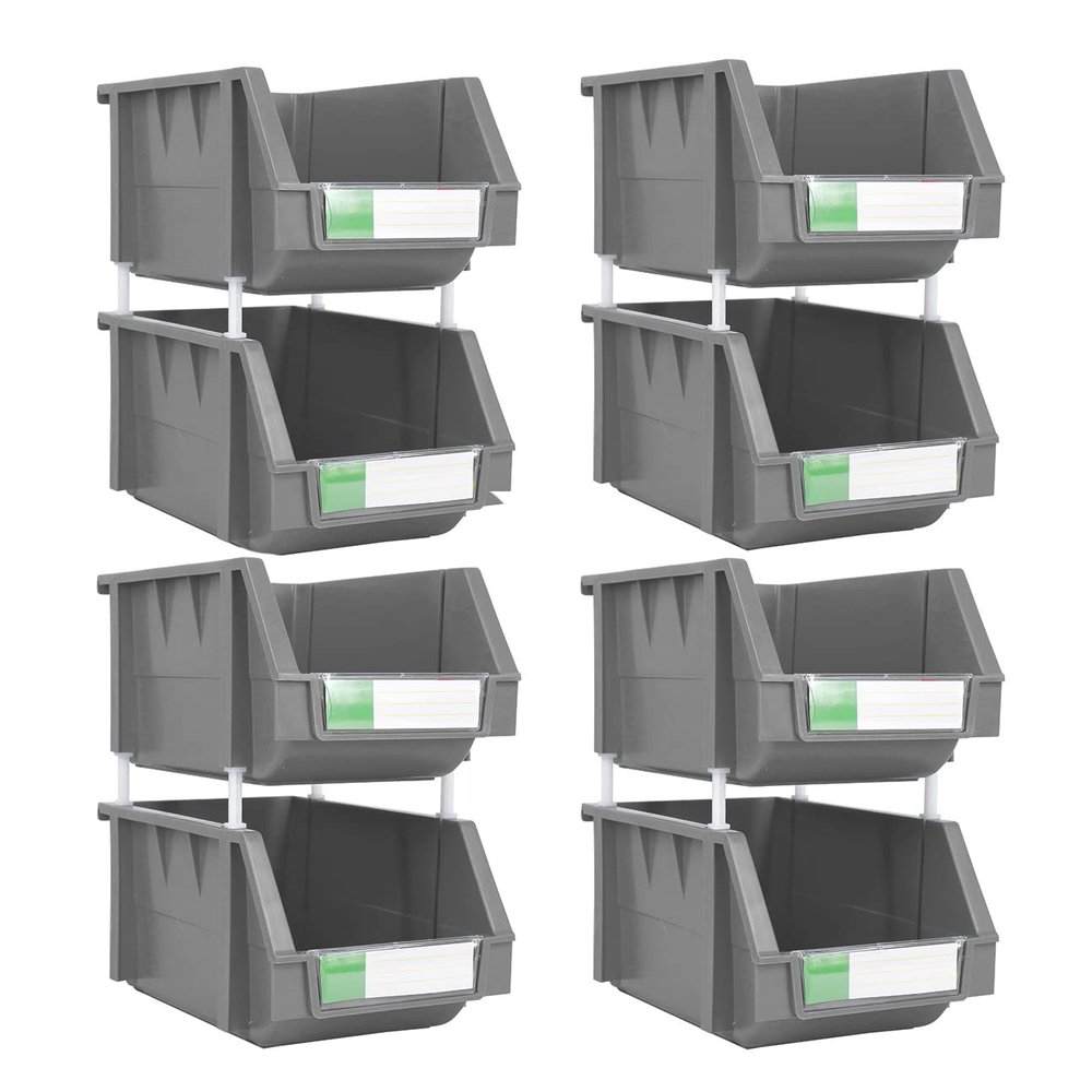 DJC Supply Grey Medium 5.9" X 9.4" X 4.9" Heavy duty thermoplastic storage bin organizer, Stackable, Hangable, Side-connect, Used in garages, offices, factories, and more! (8 PACK)