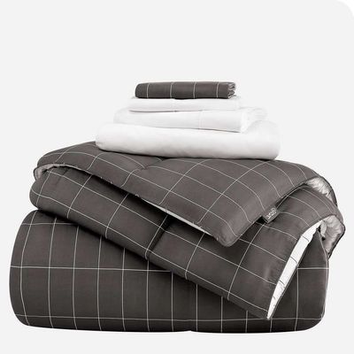 Soft & Cozy 7 Piece Deep Pocket Down Alternative Comforter | King Size, Grid Grey Color | All Season Durable Box Stitched Aesthetic White Bedding | Plush Comfy Wrinkle Fade Resistant Bed-In-Bag Set