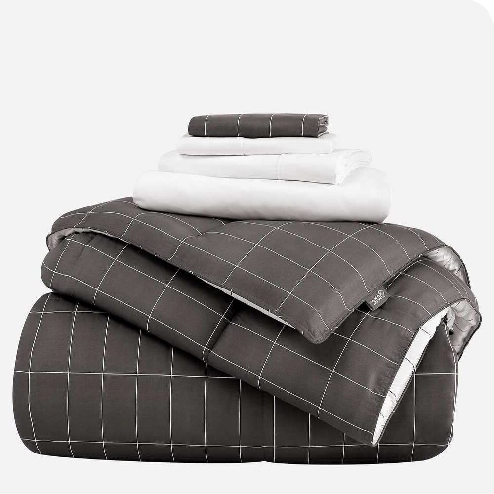 Soft & Cozy 7 Piece Deep Pocket Down Alternative Comforter | King Size, Grid Grey Color | All Season Durable Box Stitched Aesthetic White Bedding | Plush Comfy Wrinkle Fade Resistant Bed-In-Bag Set