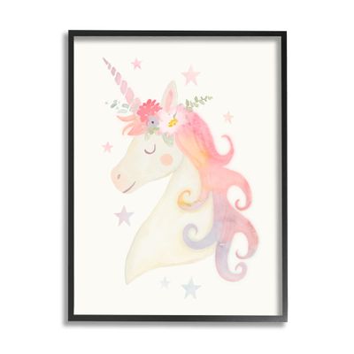 Stupell Industries Charming Unicorn Smiling Flower Crown Stars Design Framed Wall Art, Design by Victoria Barnes, 16 x 20, Black Framed