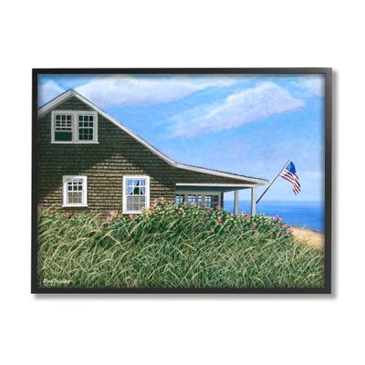 Stupell Industries Seaside House American Flag Peaceful Coastal Home Framed Wall Art, Design By Tom Mielko