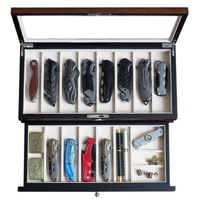 Besforu Pocket Knife Display Case for men collection holder 15-17 folding knife with Walnut Finish Two-Tier Knife organizer storage box with Real Glass Window Top (walnut veneer with draw)