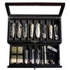 Besforu Pocket Knife Display Case for men collection holder 15-17 folding knife with Walnut Finish Two-Tier Knife organizer storage box with Real Glass Window Top (ebony veneer with draw) view 1