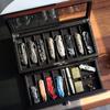 Besforu Pocket Knife Display Case for men collection holder 15-17 folding knife with Walnut Finish Two-Tier Knife organizer storage box with Real Glass Window Top (ebony veneer with draw) view 4