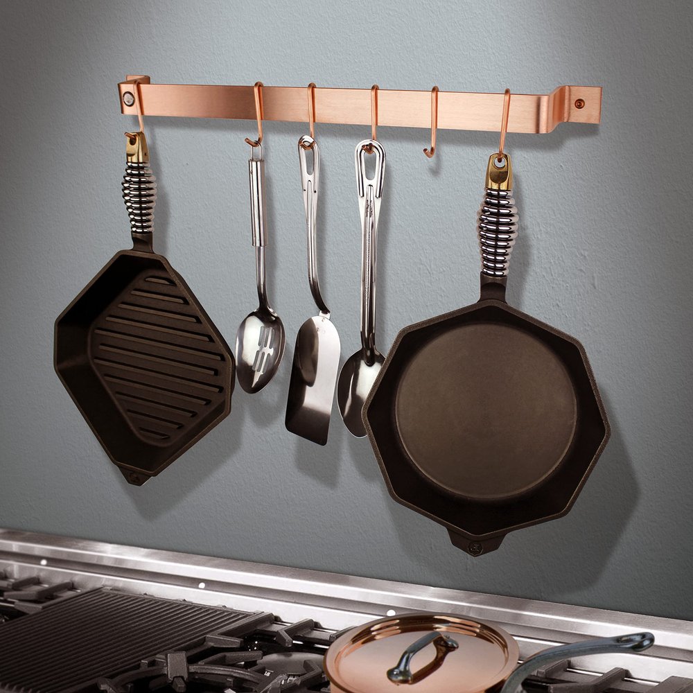 Enclume Handcrafted 30" Easy Mount, 6 Hooks, Brushed Copper Wall Rack