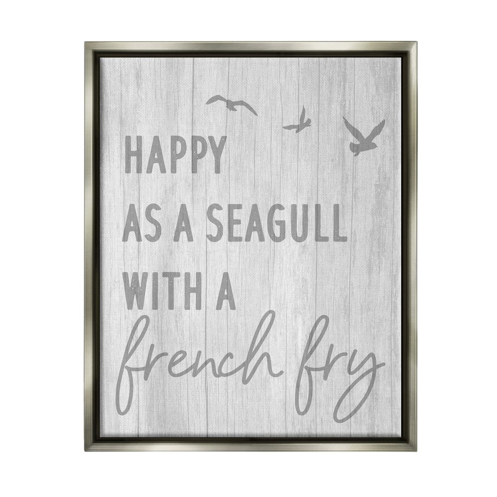 Stupell Industries Funny Happiness Phrase Rustic Seagull Beach Humor Floating Framed Wall Art, Design By Daphne Polselli