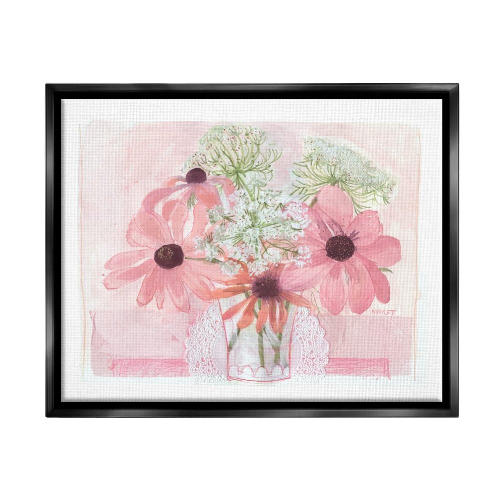 Stupell Industries Delicate Pink Flower Blossoms Bouquet Doily Vase Floating Framed Wall Art, Design By unknown