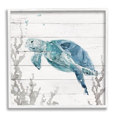 Stupell Industries Swimming Sea Turtle Coral Beach Plank Design Framed Wall Art, Design By Carol Robinson