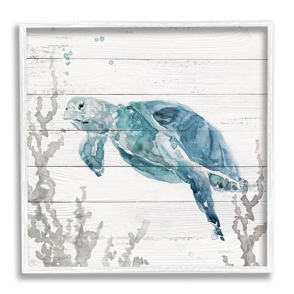 Stupell Industries Swimming Sea Turtle Coral Beach Plank Design Framed Wall Art, Design By Carol Robinson