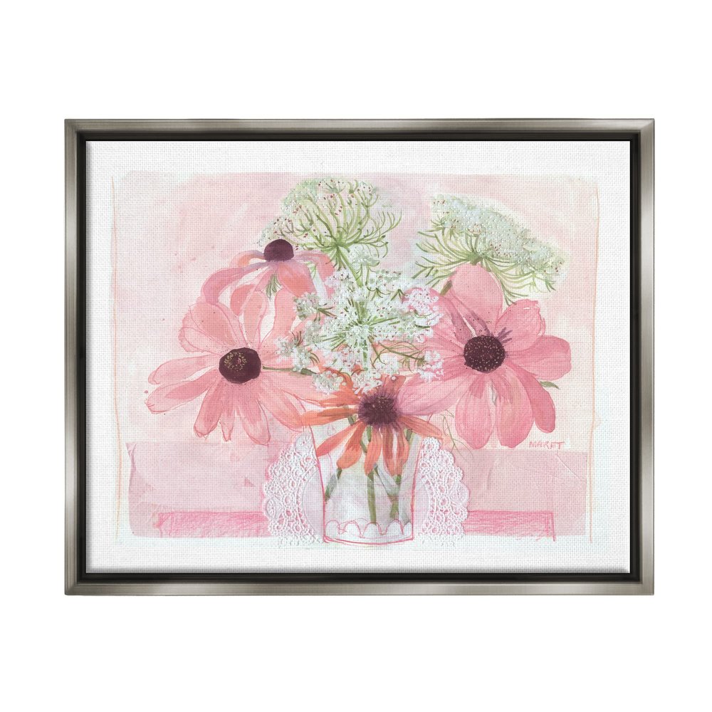 Stupell Industries Delicate Pink Flower Blossoms Bouquet Doily Vase Floating Framed Wall Art, Design By unknown