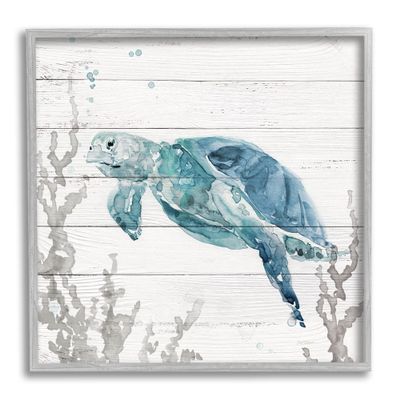 Stupell Industries Swimming Sea Turtle Coral Beach Plank Design Framed Wall Art, Design By Carol Robinson