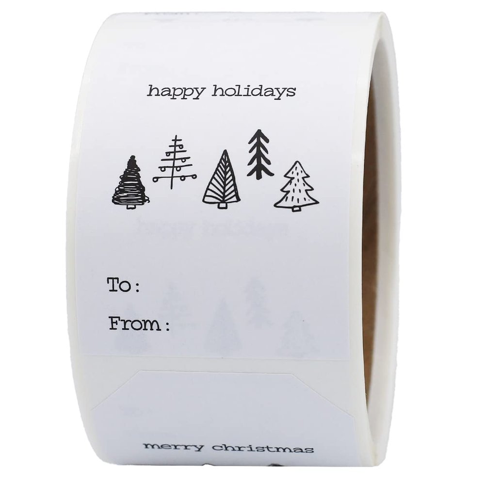 Boho Style Christmas Tree Gift Tag Stickers 2 x 3 Inch Holiday Labels with Unique Tree Designs 25 White Semi-Gloss Adhesive Tags, Eco-Friendly, Made in USA