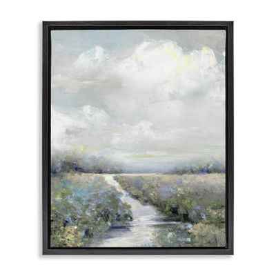 Stupell Industries Tranquil Flowers Blooming Meadow Path Puffy Clouds Floating Framed Wall Art, Design By Sally Swatland