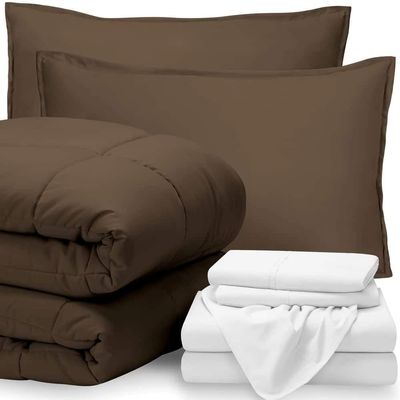 Soft & Cozy 5 Piece Deep Pocket Down Alternative Comforter Set | Twin Size, Brown Color | All Season Durable Box Stitched Aesthetic White Bedding | Plush Comfy Wrinkle & Fade Resistant Bed-In-Bag Set
