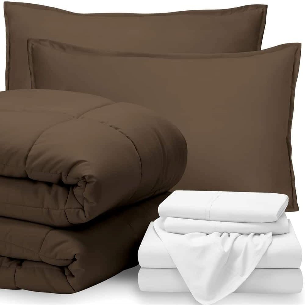 Soft & Cozy 5 Piece Deep Pocket Down Alternative Comforter Set | Twin Size, Brown Color | All Season Durable Box Stitched Aesthetic White Bedding | Plush Comfy Wrinkle & Fade Resistant Bed-In-Bag Set
