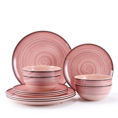 12Pcs Melamine Dinnerware Set, Plates And Bowls Sets for 4, Pink Color Dinnerware Sets, Melamine Plates Bowls Indoor and Outdoor Use Dish Set Dishwasher Safe BPA Free(Pink)