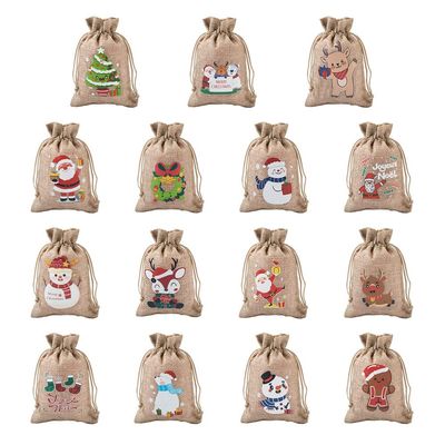KISSITTY 30pcs 15 Styles Christmas Theme Drawstring Bags Storage Pouches Rectangle Shape Santa Claus Christmas Tree Snowman Wreath Reindeer Pattern for Jewelry Gifts Party Favors Wrapping