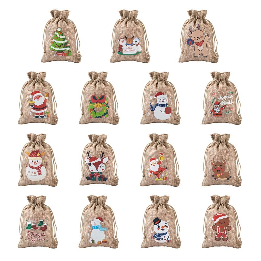 KISSITTY 30pcs 15 Styles Christmas Theme Drawstring Bags Storage Pouches Rectangle Shape Santa Claus Christmas Tree Snowman Wreath Reindeer Pattern for Jewelry Gifts Party Favors Wrapping