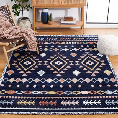 SAFAVIEH Marrakech Collection Accent Rug - 4' x 6', Navy & Multi, Moroccan Boho Tribal Rustic Design, Non-Shedding & Easy Care, Ideal for High Traffic Areas in Entryway, Living Room, Bedroom (MRK606N)