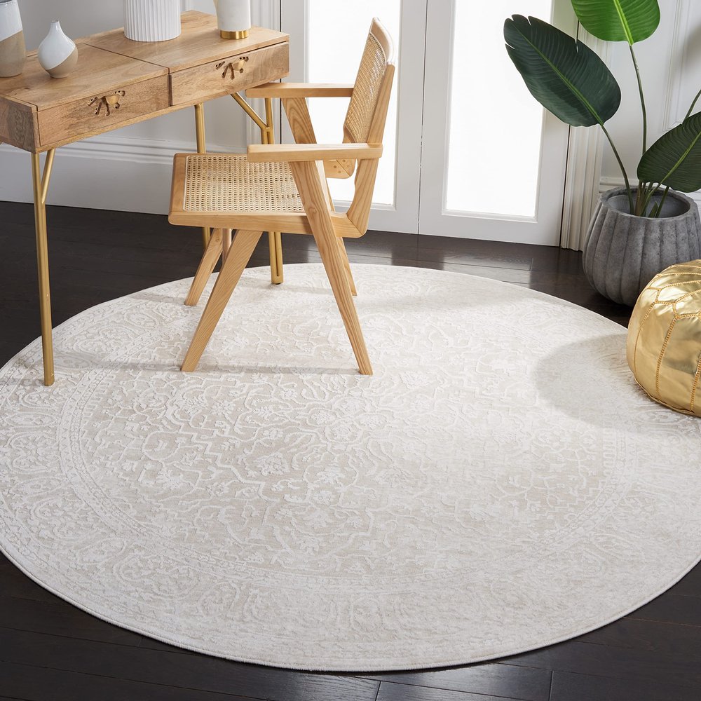 SAFAVIEH Area Rug 5' Round - Reflection Collection - Cream & Ivory, Non-Shedding & Easy Cleaning, Ideal for Entryway, Living Room, Bedroom (RFT670D)