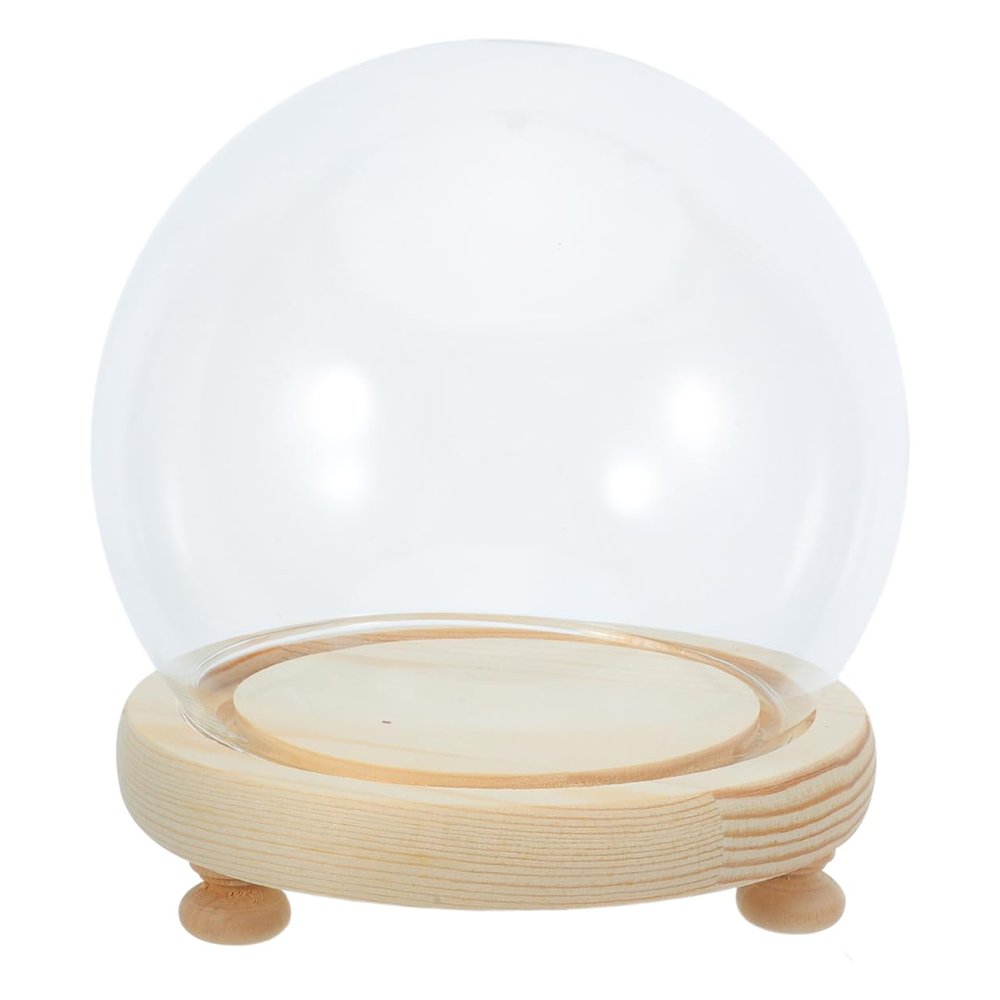 Sewroro Glass Display Dome Cloche with Wooden Base Clear Craft Snow Globes Keepsake Display Globe with Light for Xmas DIY Crafts Birthday Holiday Office Halloween Home Decoration 13cm