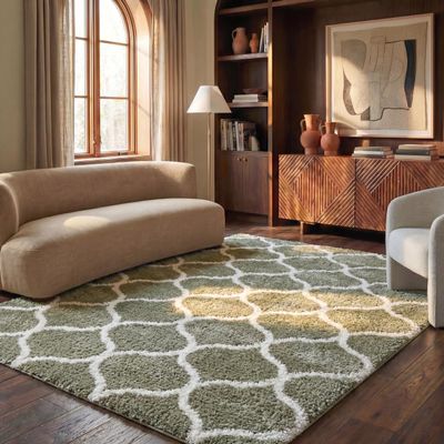 SAFAVIEH Area Rug 8x10 - Tahoe Shag Collection - Large - Sage & White, Trellis Pattern, Non-Shedding & Easy Cleaning, Plush Thick Pile, Ideal for Living Room, Bedroom, Dining Space (THO677W)