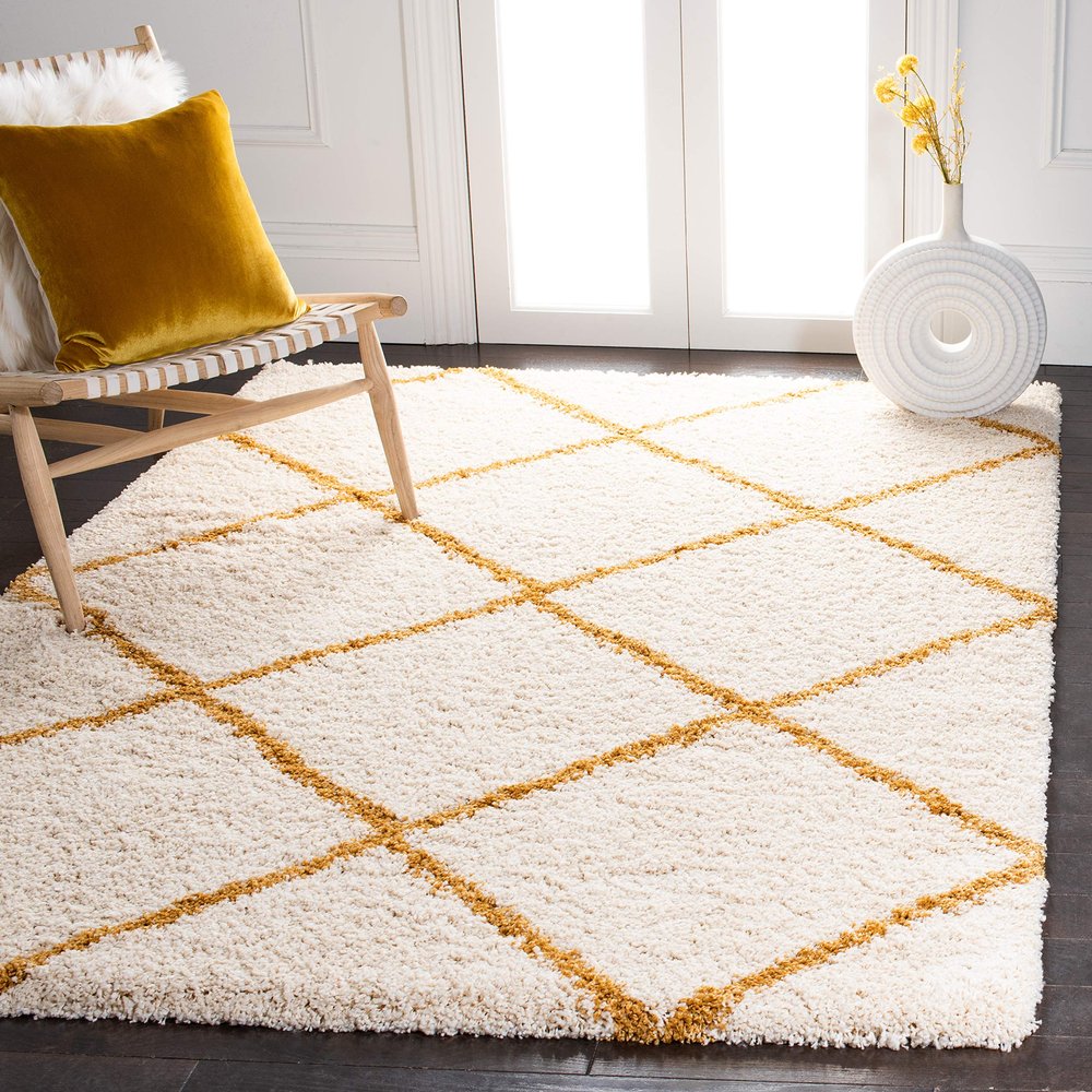 SAFAVIEH Hudson Shag Collection Area Rug - 4' Square, Ivory & Gold, Modern Trellis Design, Non-Shedding & Easy Care, 2-inch Thick Ideal for High Traffic Areas in Living Room, Bedroom (SGH281E)