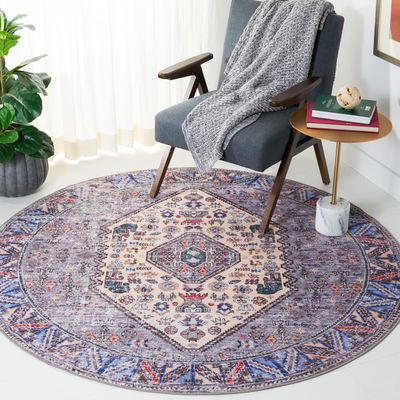 SAFAVIEH Washable Rug Tucson Collection - 6' Round, Beige & Grey, Slip Resistant & Easy to Clean, Ideal for Living Room, Bedroom, Dining Space (TSN194C)