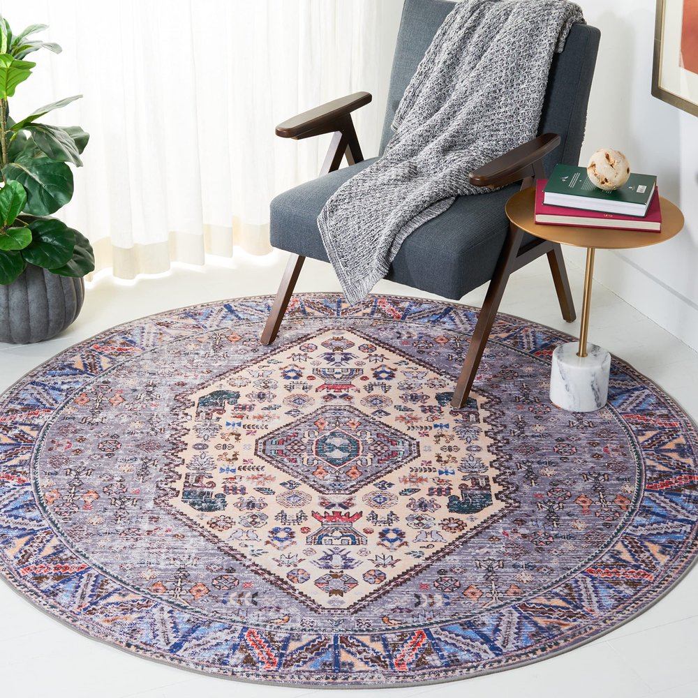 SAFAVIEH Washable Rug Tucson Collection - 6' Round, Beige & Grey, Slip Resistant & Easy to Clean, Ideal for Living Room, Bedroom, Dining Space (TSN194C)