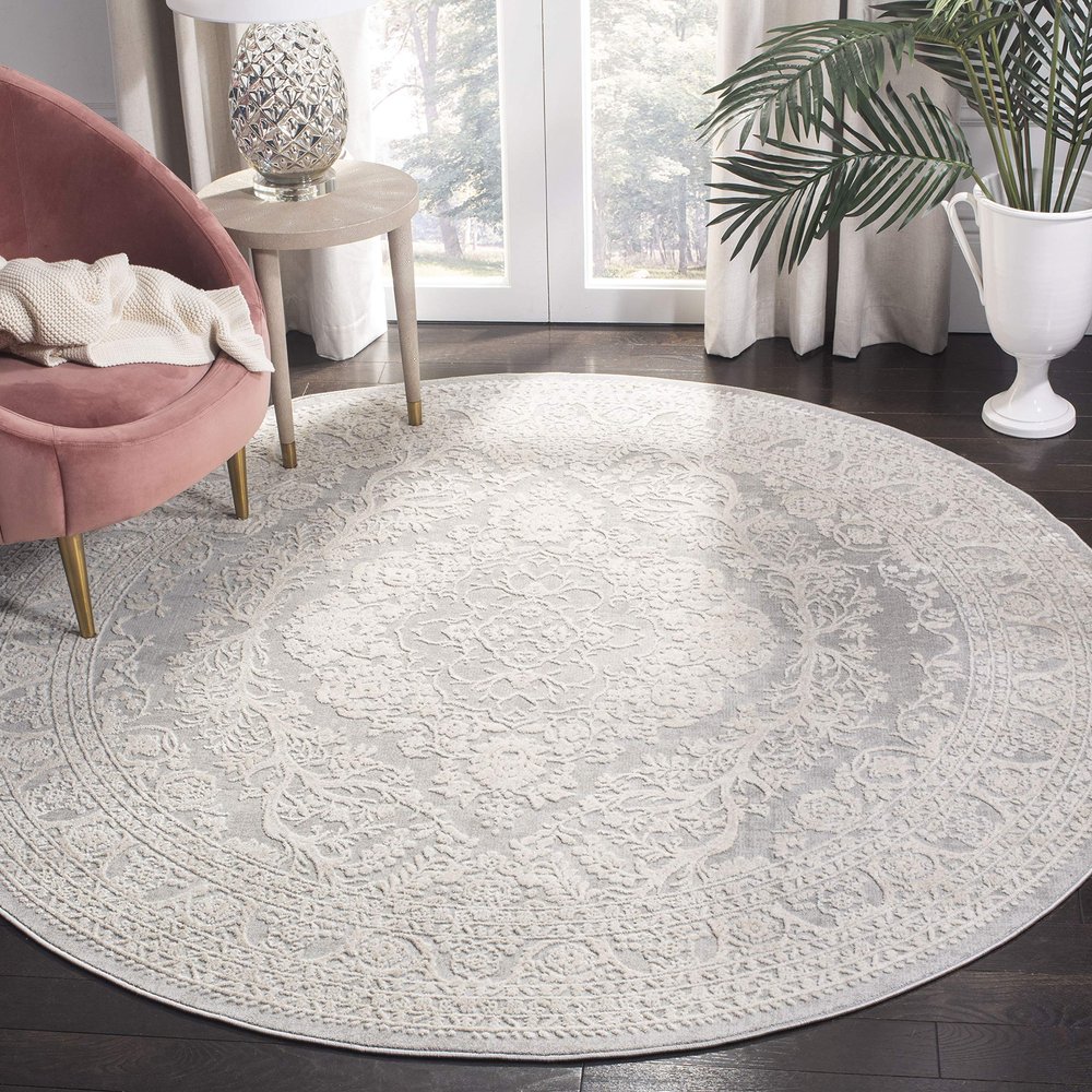 SAFAVIEH Area Rug 5' Round - Reflection Collection - Light Grey & Cream, Non-Shedding & Easy Cleaning, Ideal for Living Room, Bedroom (RFT668G)