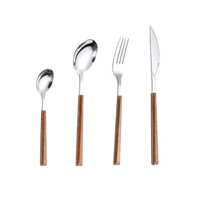 56 Piece Wooden Silverware Set for 14 Stainless Steel Flatware Sets With Yellow Wood Grain Handle Eating Kitchen Cutlery Utensils Include Knifes Spoons and Forks Teaspoons Delicate Tableware