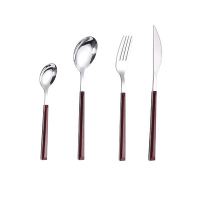24 Piece Wooden Silverware Set for 6 Stainless Steel Flatware Sets With Red Wood Grain Handle Eating Kitchen Cutlery Utensils Include Knifes Spoons and Forks Teaspoons Delicate Tableware