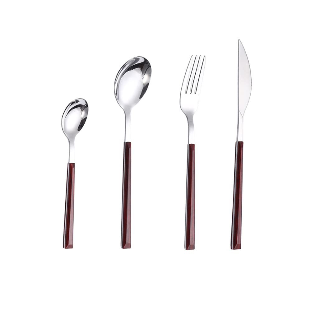 24 Piece Wooden Silverware Set for 6 Stainless Steel Flatware Sets With Red Wood Grain Handle Eating Kitchen Cutlery Utensils Include Knifes Spoons and Forks Teaspoons Delicate Tableware