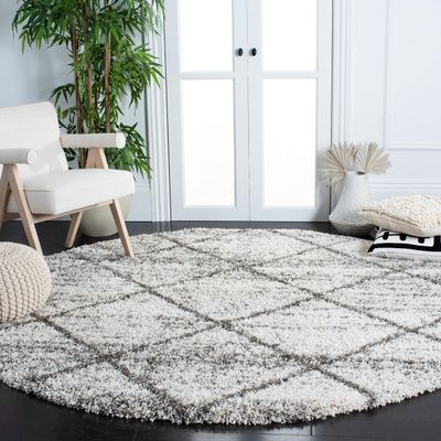 SAFAVIEH Hudson Shag Collection 4' Round Grey/Beige SGH281J Modern Diamond Trellis Non-Shedding 2-inch Thick Area Rug