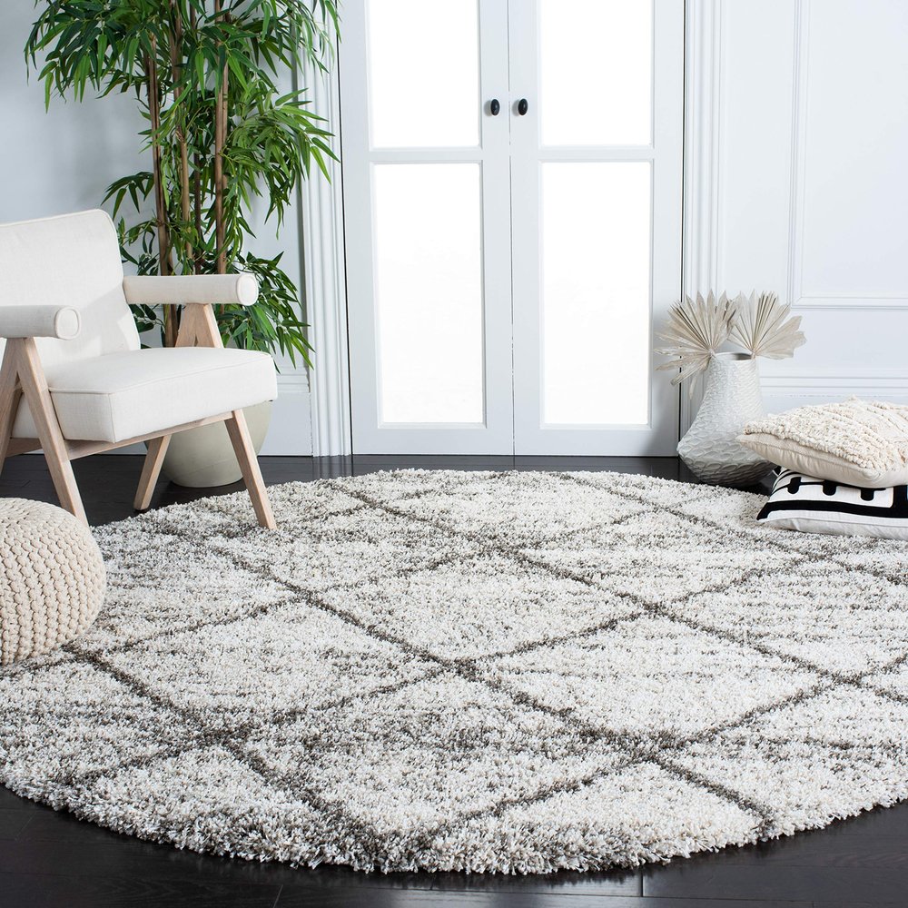 SAFAVIEH Hudson Shag Collection 4' Round Grey/Beige SGH281J Modern Diamond Trellis Non-Shedding 2-inch Thick Area Rug