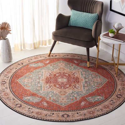 SAFAVIEH Washable Rug Tucson Collection - 6' Round, Aqua & Rust, Slip Resistant & Easy to Clean, Ideal for Living Room, Bedroom, Dining Space (TSN150J)
