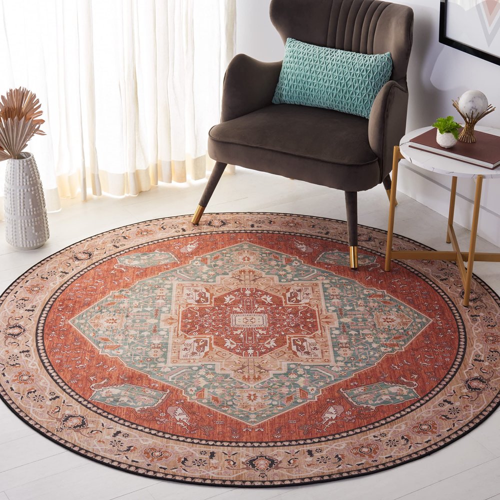 SAFAVIEH Washable Rug Tucson Collection - 6' Round, Aqua & Rust, Slip Resistant & Easy to Clean, Ideal for Living Room, Bedroom, Dining Space (TSN150J)