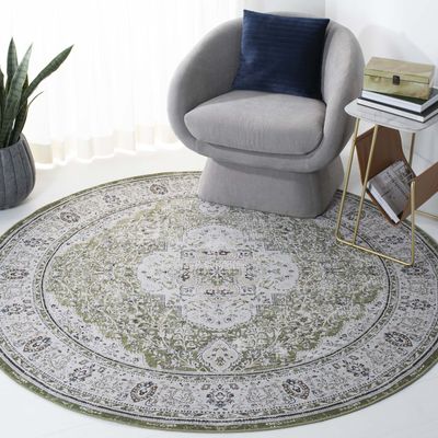 SAFAVIEH Washable Rug Tucson Collection - 6' Round, Green & Beige, Slip Resistant & Easy to Clean, Ideal for Living Room, Bedroom, Dining Space (TSN136Y)