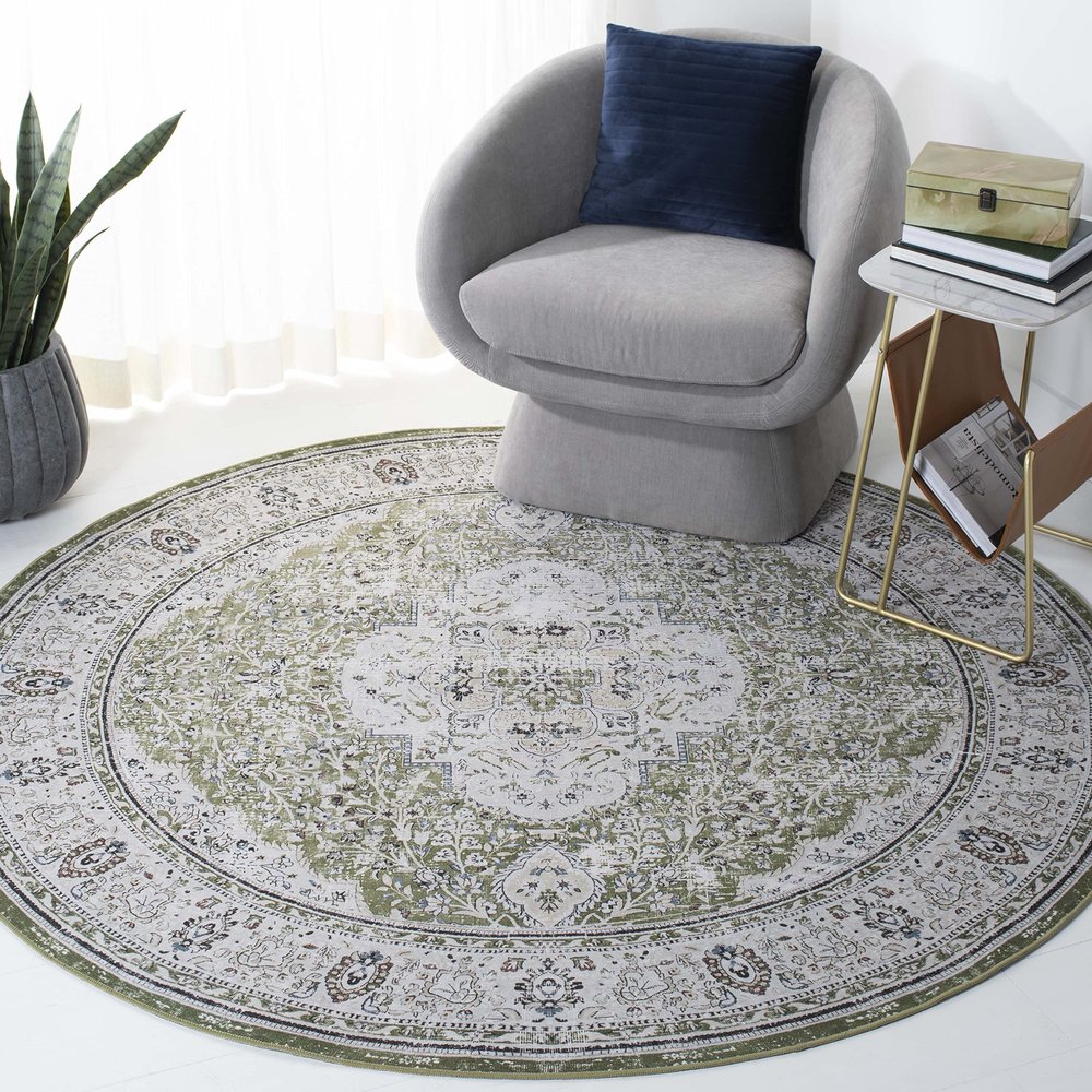 SAFAVIEH Washable Rug Tucson Collection - 6' Round, Green & Beige, Slip Resistant & Easy to Clean, Ideal for Living Room, Bedroom, Dining Space (TSN136Y)