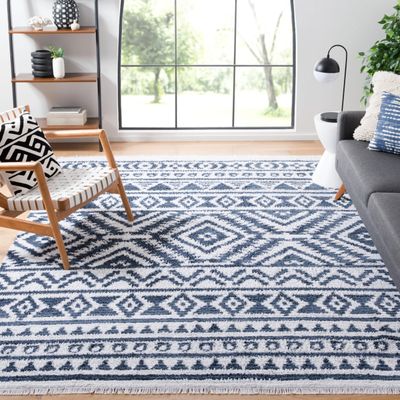 SAFAVIEH Area Rug 8x10 - Augustine Collection - Large - Navy & Ivory, Cotton Moroccan Boho Tribal Fringe Design, Easy Cleaning, Ideal for Living Room, Bedroom, Office, Dining Space (AGT849N)