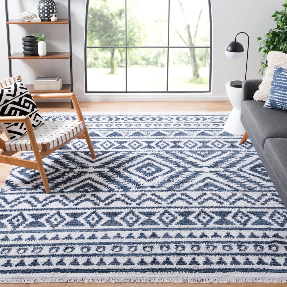 SAFAVIEH Area Rug 8x10 - Augustine Collection - Large - Navy & Ivory, Cotton Moroccan Boho Tribal Fringe Design, Easy Cleaning, Ideal for Living Room, Bedroom, Office, Dining Space (AGT849N)
