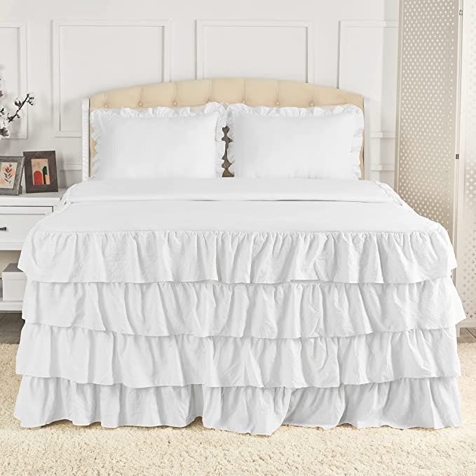 Dainty Homes -11 Pcs. Scrumptious Multi Ruffle Bedspread,Comforter,Sheet Set with 4 Piece Cover 100% Egyptian Cotton 600-TC- Full Size 30" Deep Pocket (Solid White)