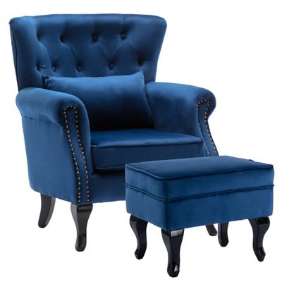 chairus Mid-Century Modern Accent Chair with Ottoman, Comfy Velvet Single Sofa Chair Button Tufted Wingback Armchair with Pillow for Living Room/Bedroom/Club - Blue