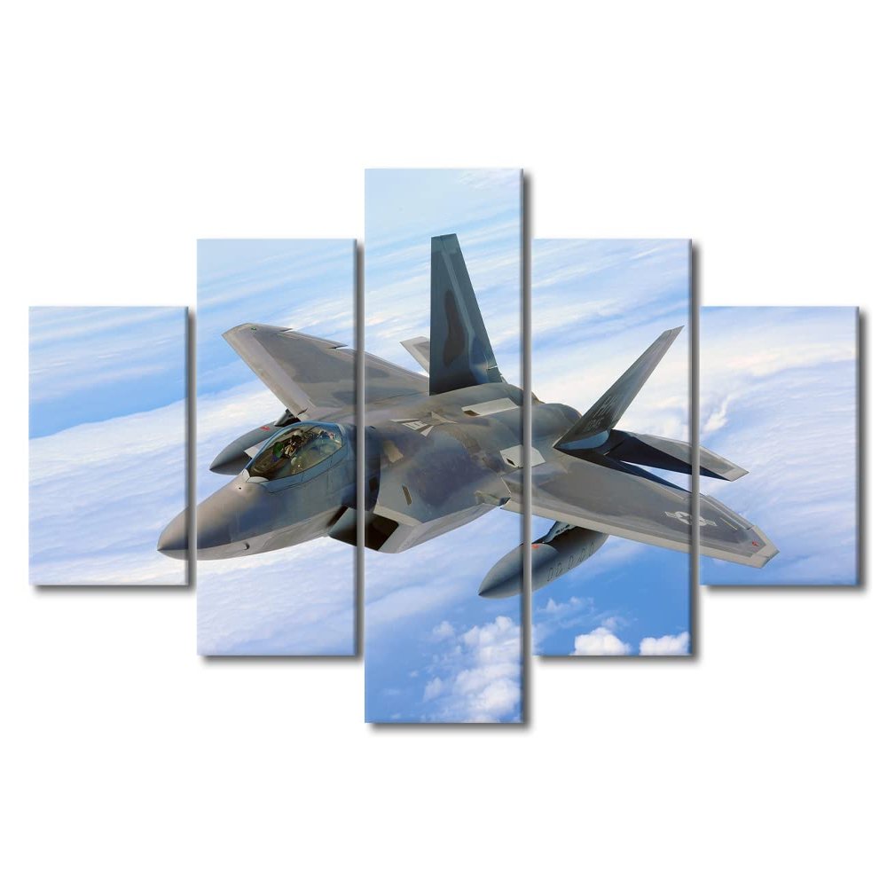 5 Piece Airplane Decor Poster Canvas Wall Art Decorative F-22 Raptor Fighter Jets Paintings Kid Bedroom Decor Aesthetics Living RoomWall Decorations Modern Artwork Framed Ready to Hang - 60"W x 32"H